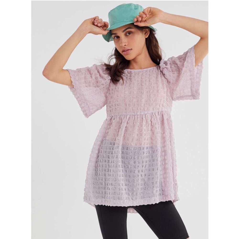 UO Helena Crinkle Short Sleeve Babydoll Top